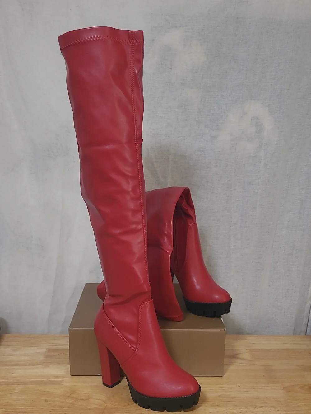 Women's Red Over-the-Knee Block Heel Boots